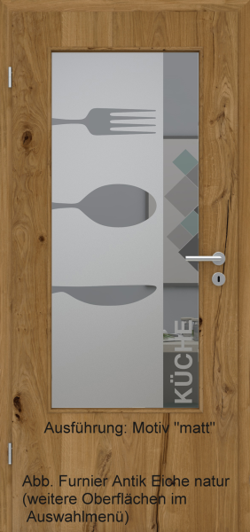 Tür Furnier ANTIK mit Glasmotiv Sand 52 auf grauem Glas