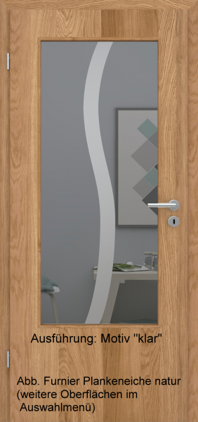Tür Furnier PLANKENEICHE mit Glasmotiv Sand 50 auf grauem Glas