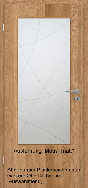 Tür Furnier PLANKENEICHE mit Glasmotiv Sand 90 auf weißem Glas