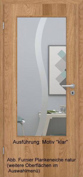 Tür Furnier PLANKENEICHE mit Glasmotiv Sand 50 auf weißem Glas
