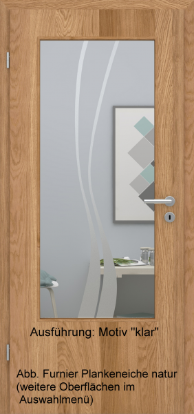 Tür Furnier PLANKENEICHE mit Glasmotiv Sand 51 auf weißem Glas