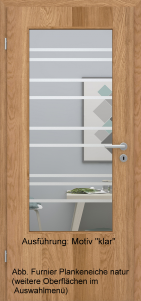 Tür Furnier PLANKENEICHE mit Glasmotiv Sand 89 auf weißem Glas