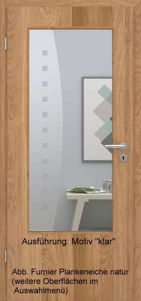Tür Furnier PLANKENEICHE mit Glasmotiv Sand 9 auf weißem Glas
