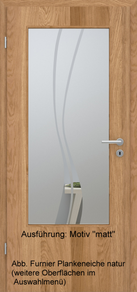 Tür Furnier PLANKENEICHE mit Glasmotiv Sand 51 auf weißem Glas