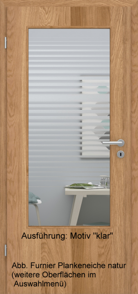 Tür Furnier PLANKENEICHE mit Glasmotiv Sand 80 auf weißem Glas