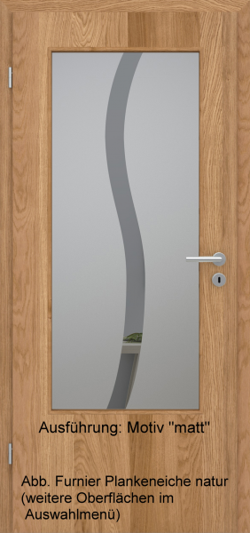 Tür Furnier PLANKENEICHE mit Glasmotiv Sand 50 auf grauem Glas