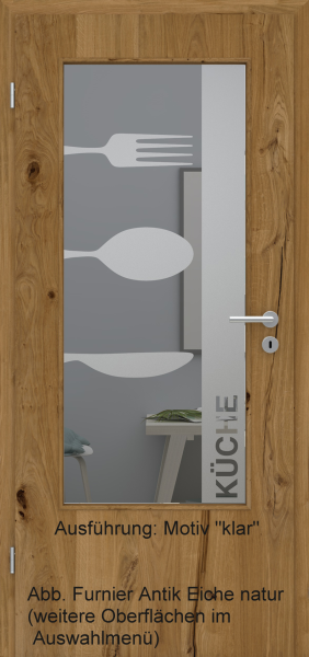 Tür Furnier ANTIK mit Glasmotiv Sand 52 auf grauem Glas