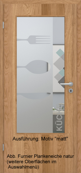 Tür Furnier PLANKENEICHE mit Glasmotiv Sand 52 auf weißem Glas