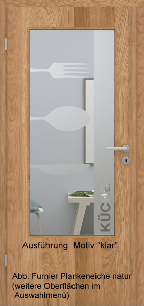 Tür Furnier PLANKENEICHE mit Glasmotiv Sand 52 auf weißem Glas