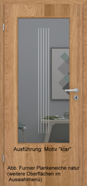 Tür Furnier PLANKENEICHE mit Glasmotiv Sand 3 auf grauem Glas