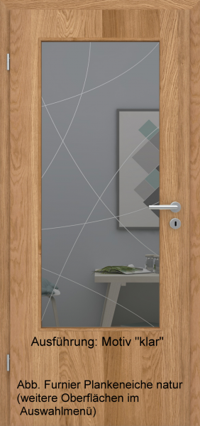 Tür Furnier PLANKENEICHE mit Glasmotiv Sand 90 auf grauem Glas